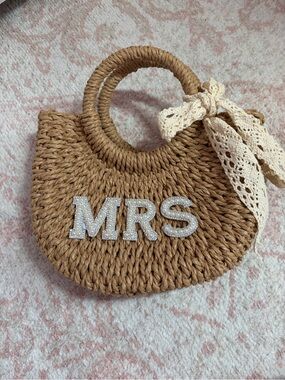 Mrs Embellished Straw Tote Bag in Brown